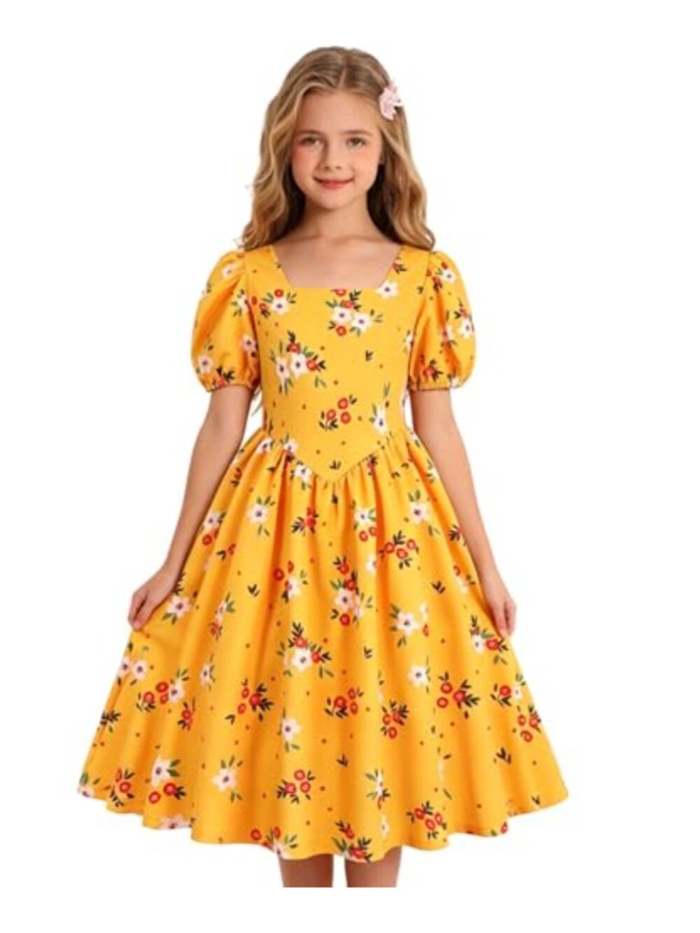 Girls Casual Floral Puff Sleeve A-line Midi Dress